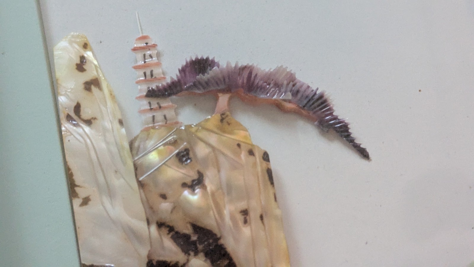 Vintage Chinese Mother Of Pearl Shell Art Village Pagoda Diorama Shadow Box