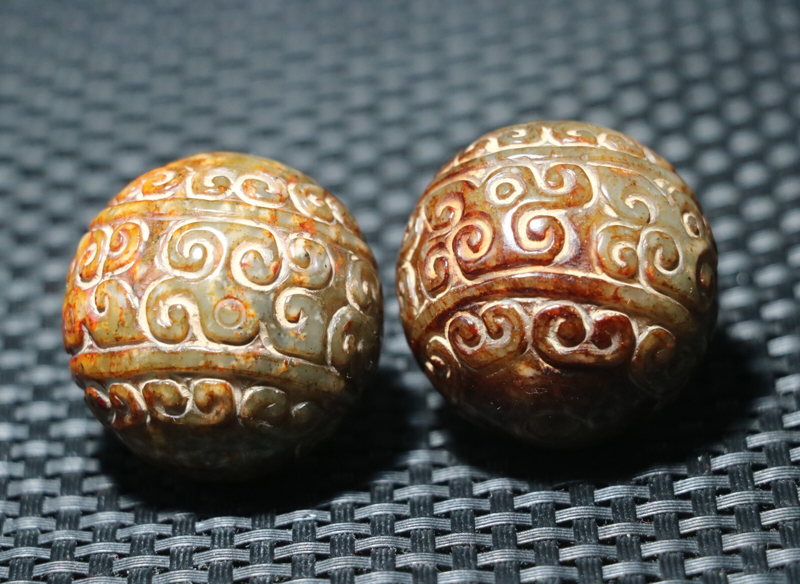 Pair of Chinese Hetian Old JADE Linking Fortune Big Ball Sphere Treasure 35MM LS