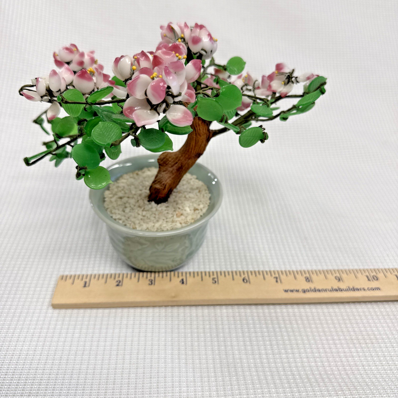 Vintage Chinese Bonsai Cherry Blossom Tree Green Jade-like Glass Leaves