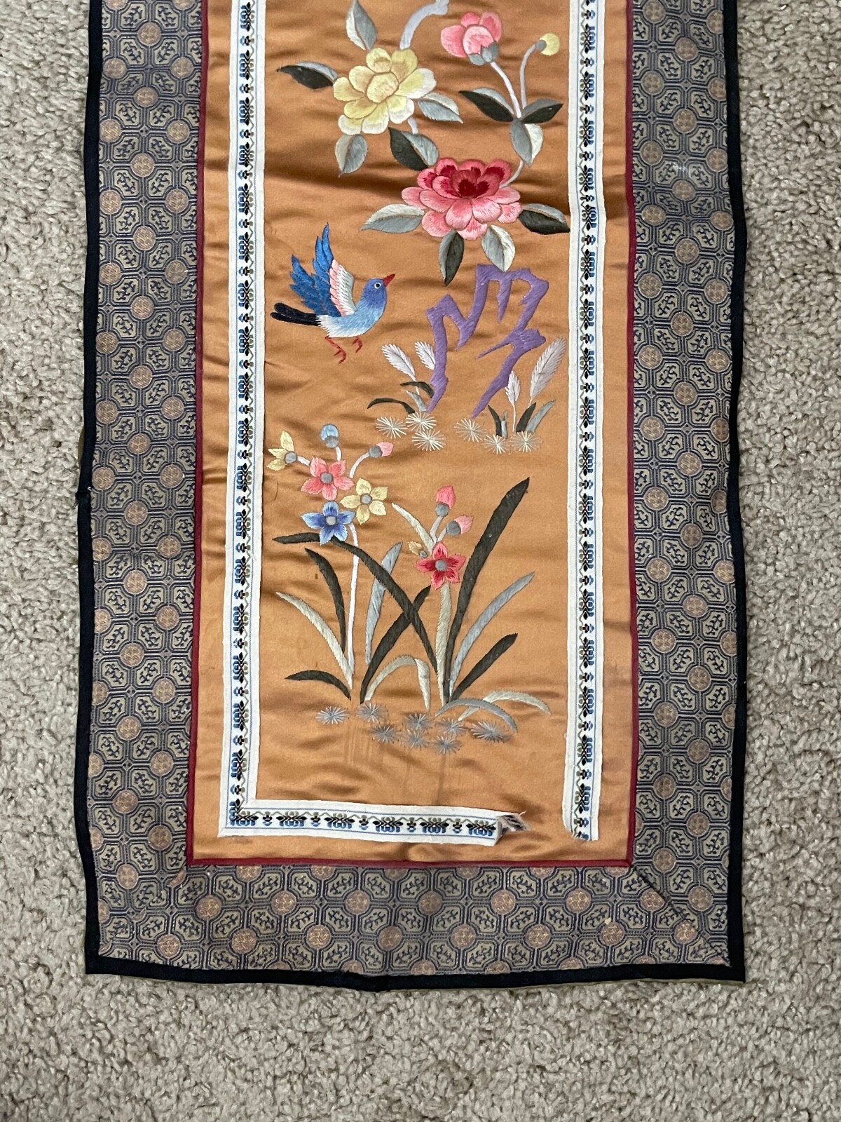 Vintage Antique Chinese Silk Embroidered Textile w/ Birds Floral & Butterfly Dec