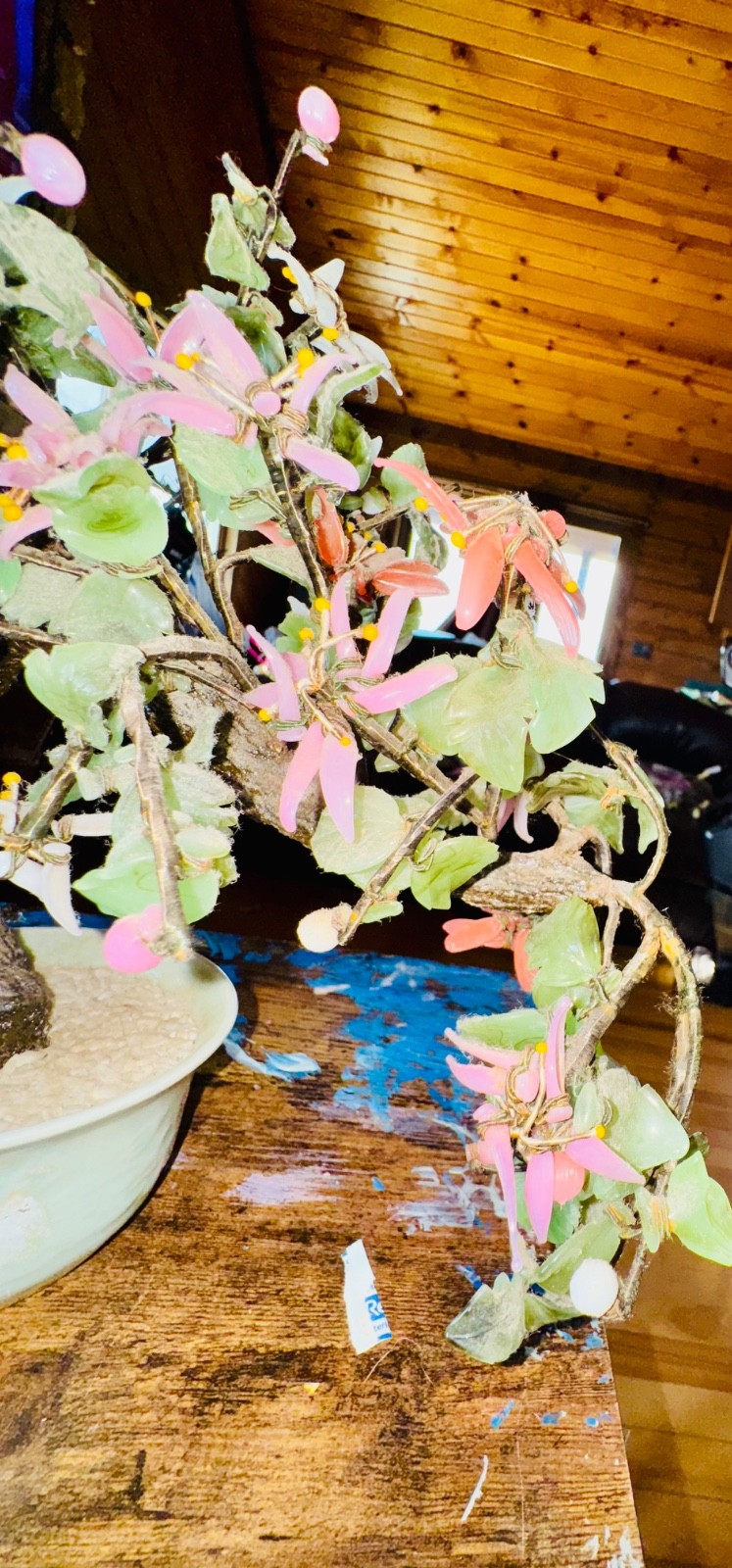Vintage Large Chinese Jade Stone Glass Bonsai Tree Multi Color