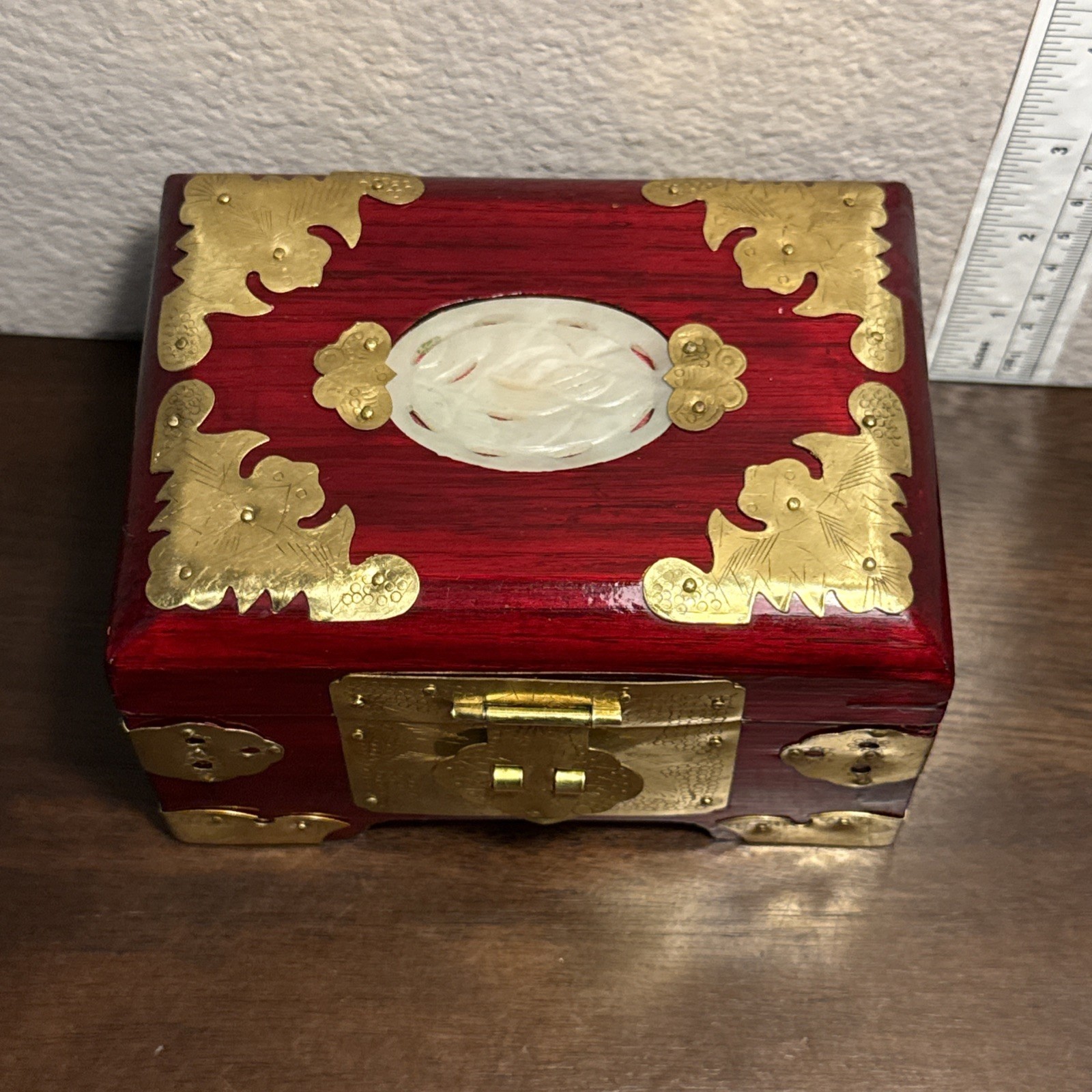 Antique Chinese White Jade & Brass Fittings Wood Jewelry Box Red Lining u-11D