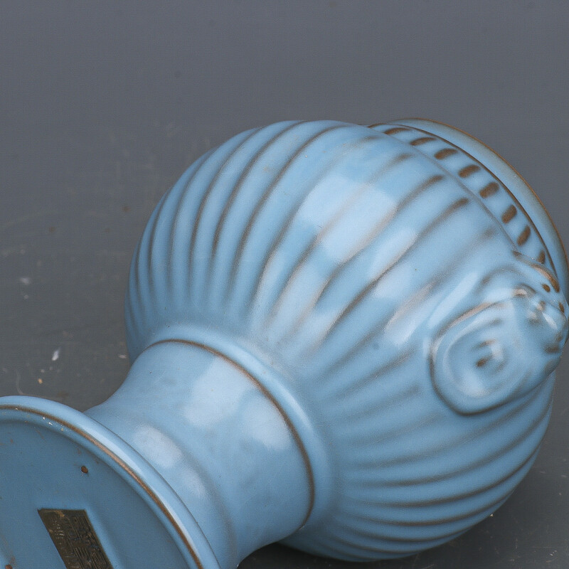 7.4″ Collect China Ruyao Sky Blue Glaze Porcelain Foo Fu Dog Lion Lid Pot