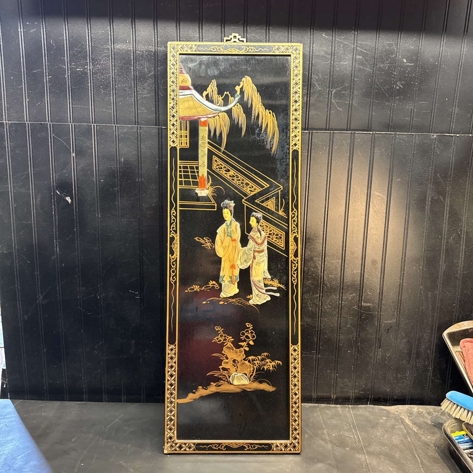 MCM Black Lacquer Geisha Japanese Mother Of Pearl Wall Art Panel Floral 36”X12′