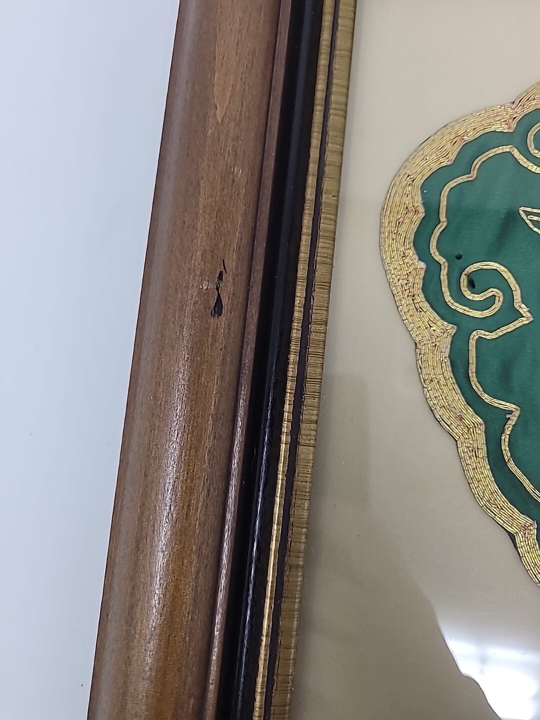 Two Framed Vintage Golden Cloud Green Chinese Hand Embroidered Panel