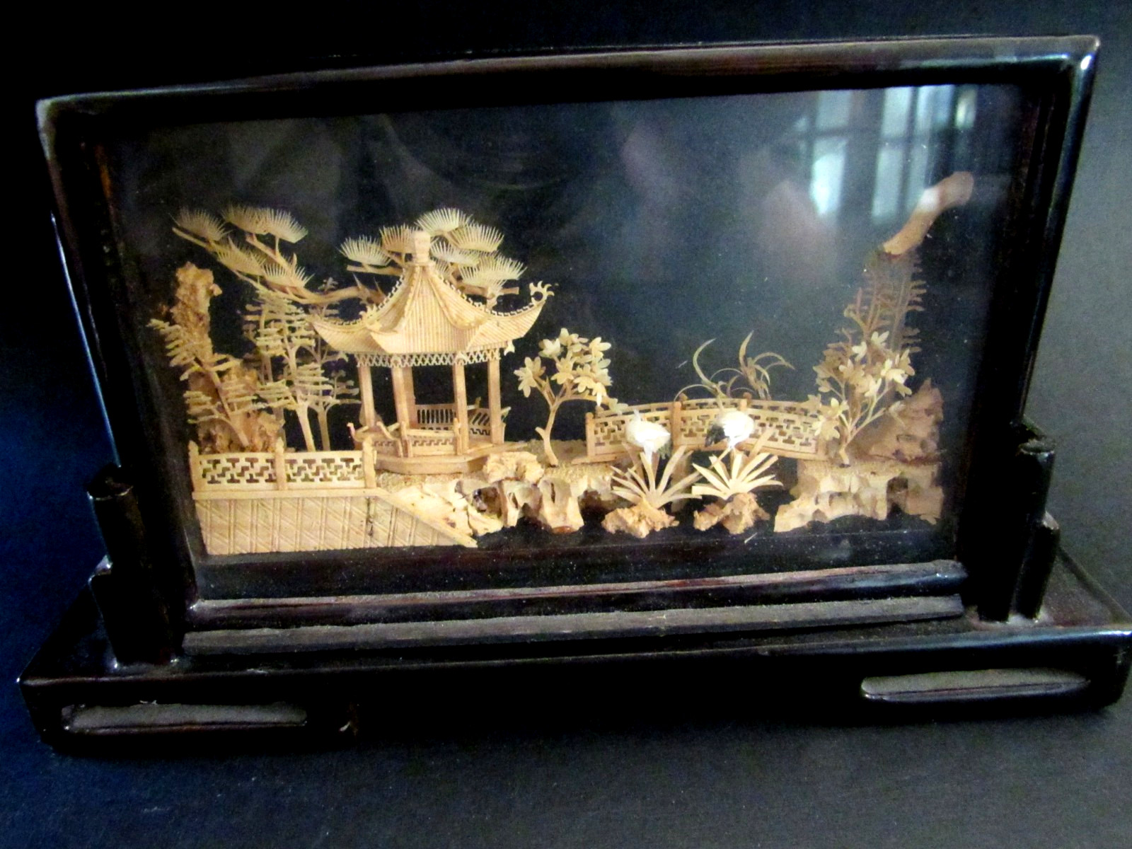 VTG Chinese San You Cork Art Hand Carved Diorama with Pagoda, Cranes, Trees LP-4