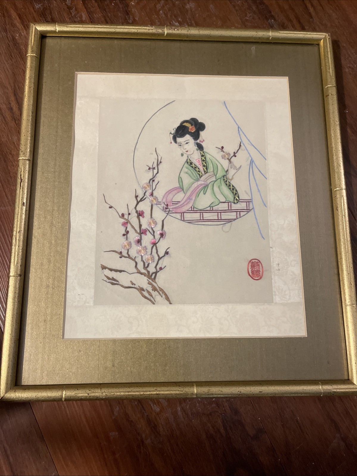 Vintage Framed Asian Figural Art Woman on Swing Blossoms Signed 12.5×14.5