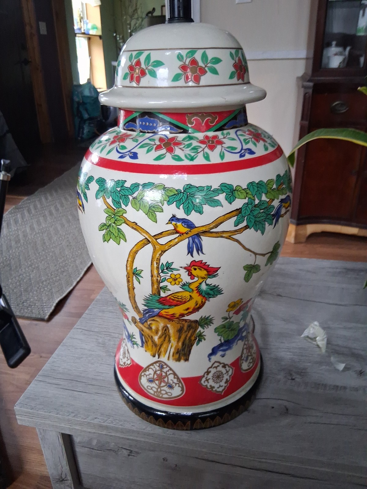 RARE Vintage Chinese Hand-Painted Famille Bird Porcelain Large Lamp
