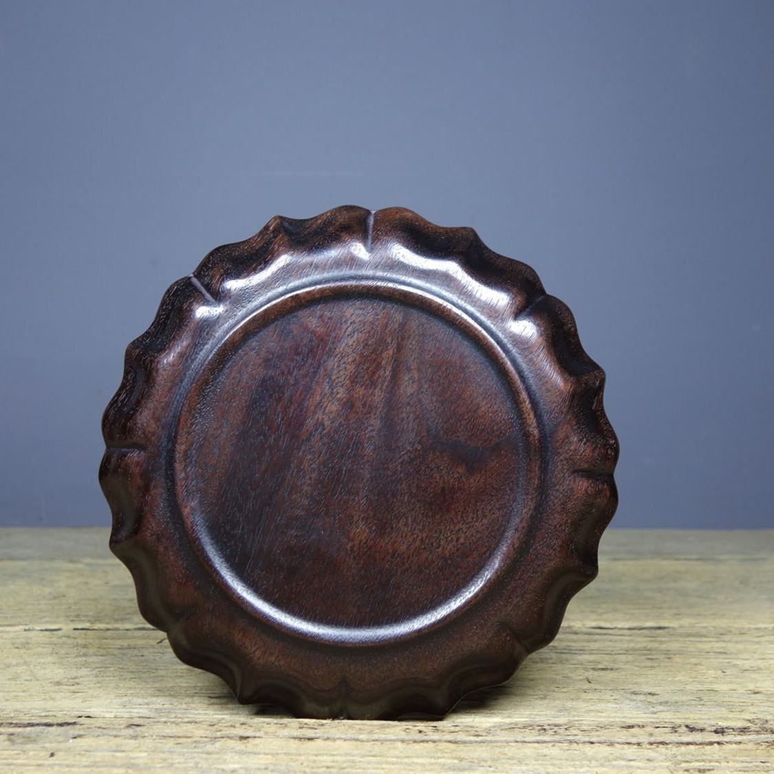 Vintage Hand Carved Rosewood Lotus Tea Tray Decor 14.5cm