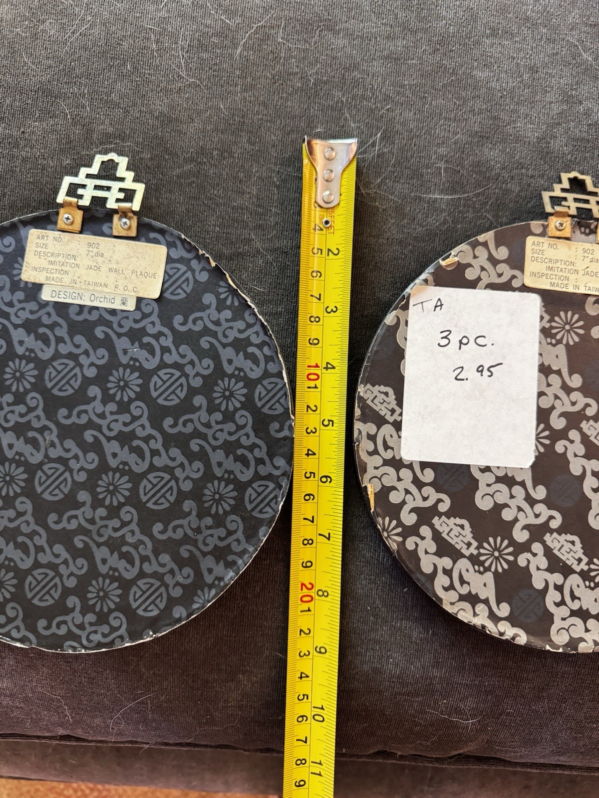 VTG Faux Jade Asian Wall Plaque 7″ Round Flowers Set Of 3 Home Decor Taiwan