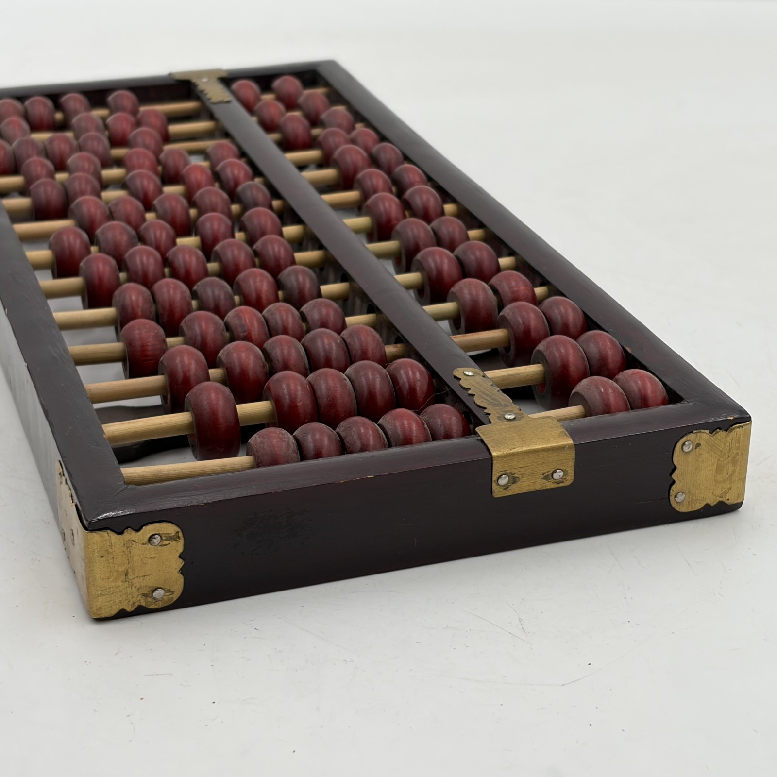 Vintage Chinese Abacus 13 Row 91 Bead Wood & Brass Lotus Flower Brand Calculator