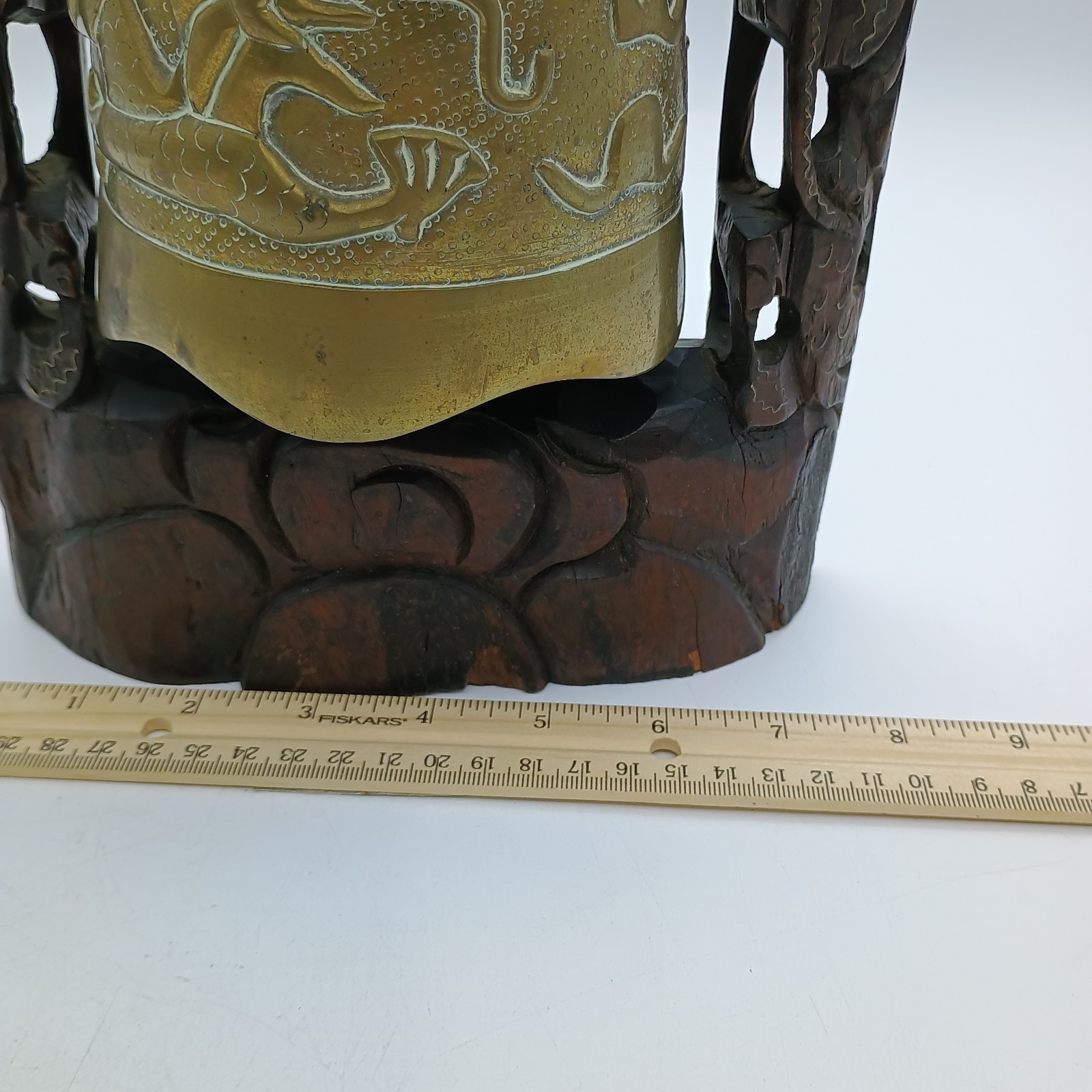 Vintage Chinese Wood Hand Carved Frame Holder With Brass Bell Dragon
