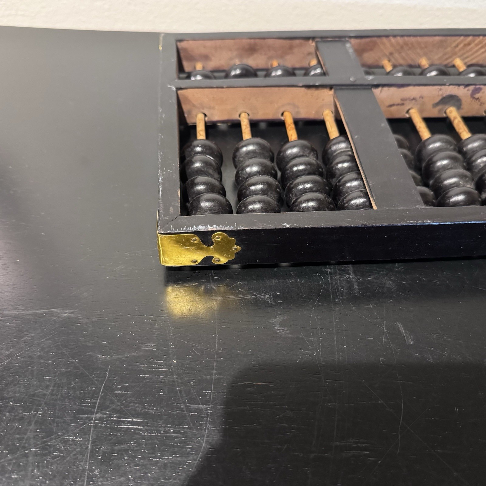 Vintage Abacus Brass & Natural Wood 13 Rows 91 Beads 14.5in Black