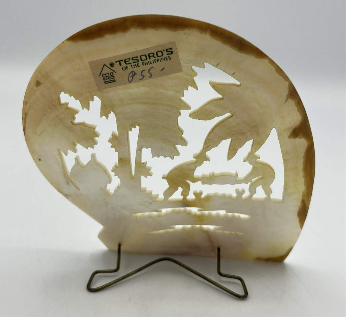 Carved Mother of Pearl Shell Asian Scene with Stand 6″ Tall