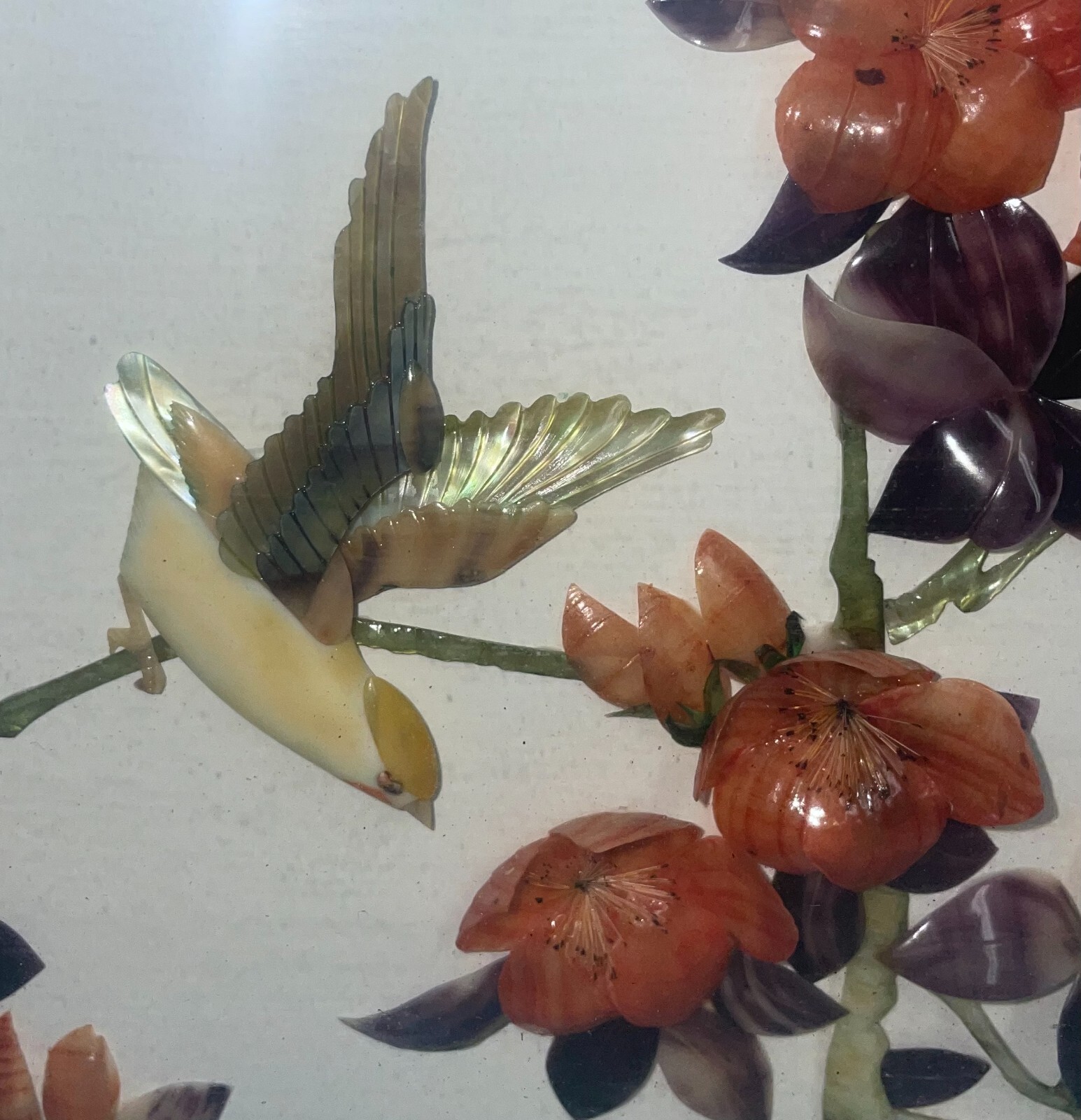 Chinese Framed Shadow Box Bird On Flowers 3D 12 3/8 Inches High