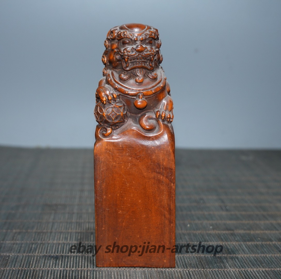 4.7″ Collect China Box-wood Carving Animal Foo Fu Dog Lion Seal ‘Uncarved Base’