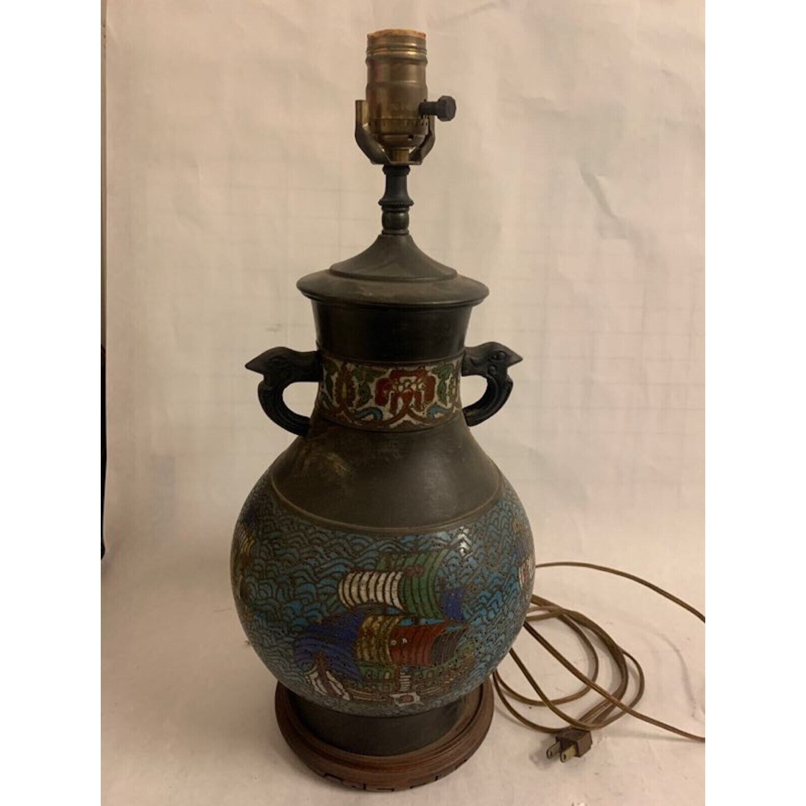 LARGE ANTIQUE CHINESE CHAMPLEVE CLOISONNE Enamel Bronze Vase Table Lamp Boat …