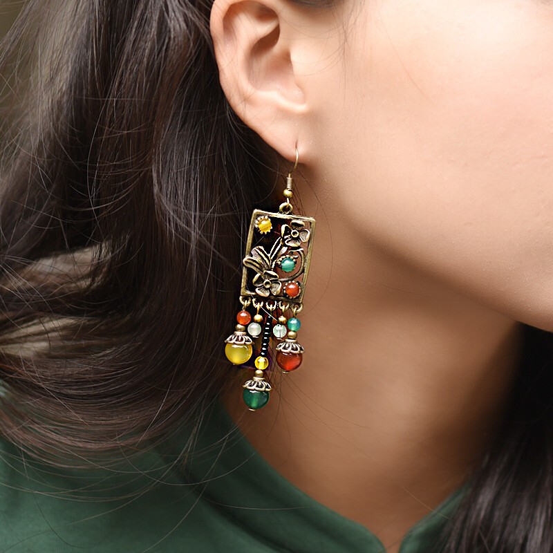 China Yellow Green Agate/Alloy Tibetan Style Exquisite Fashion Earbob Earrings