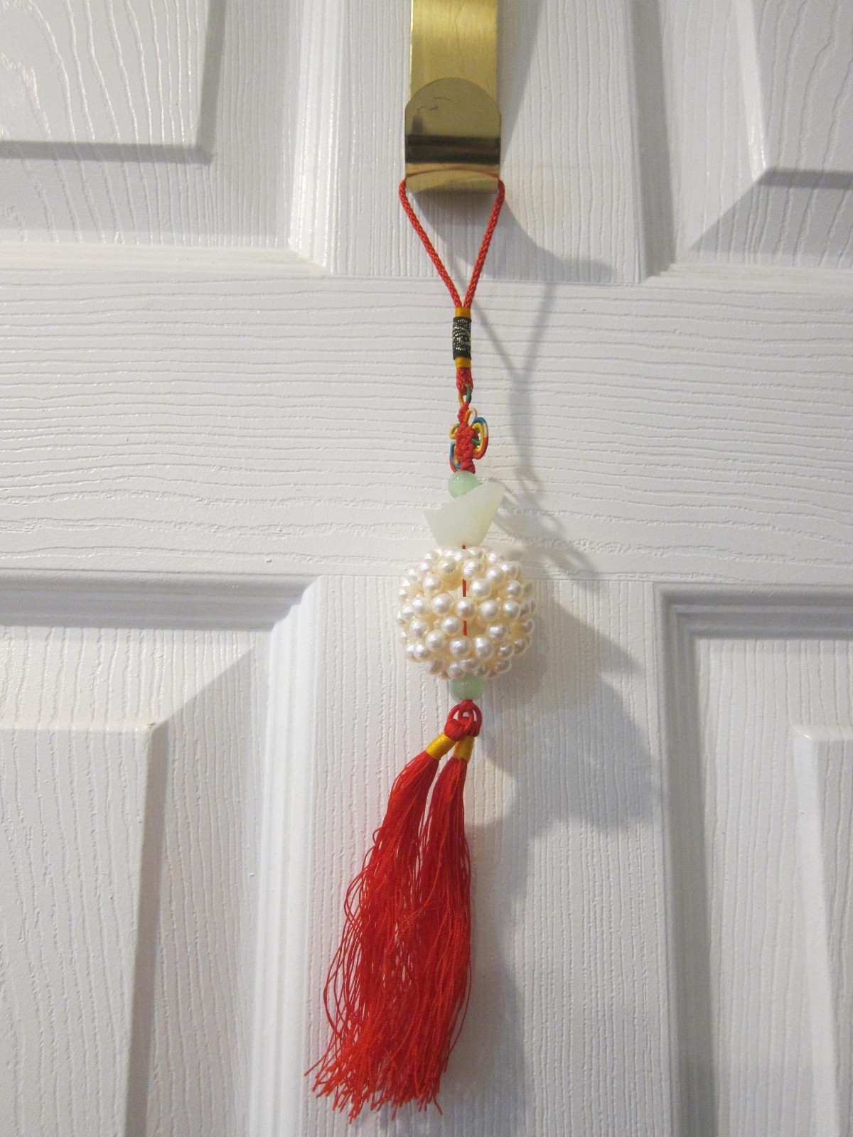 Jade and Natural Pearl Chinese Asian Red Tassel Pendant Feng Shui Lucky Charm