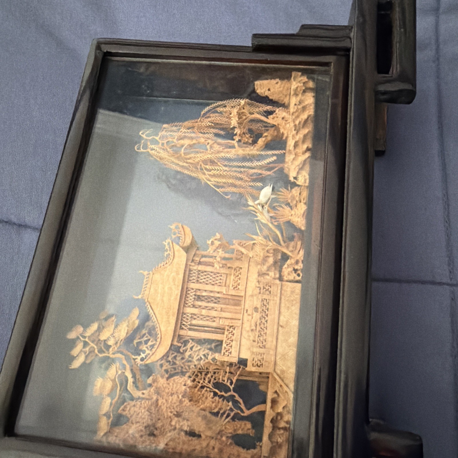 Vintage Chinese San You Cork Art Hand Carved Diorama Pagoda Cranes Trees