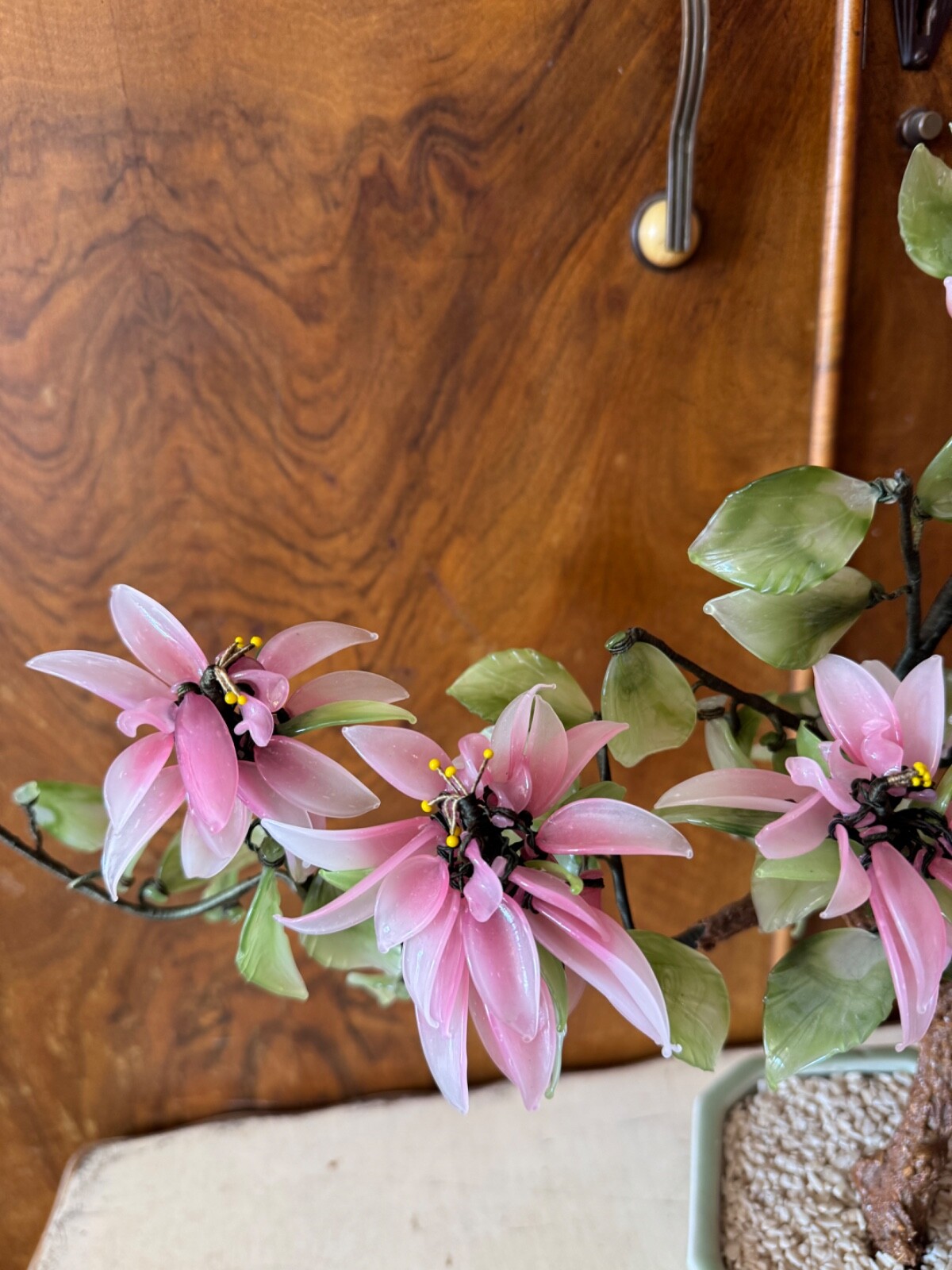 CHINESE JADE QUARTZ GLASS FLOWER TREE VINTAGE CELADON VASE PINK
