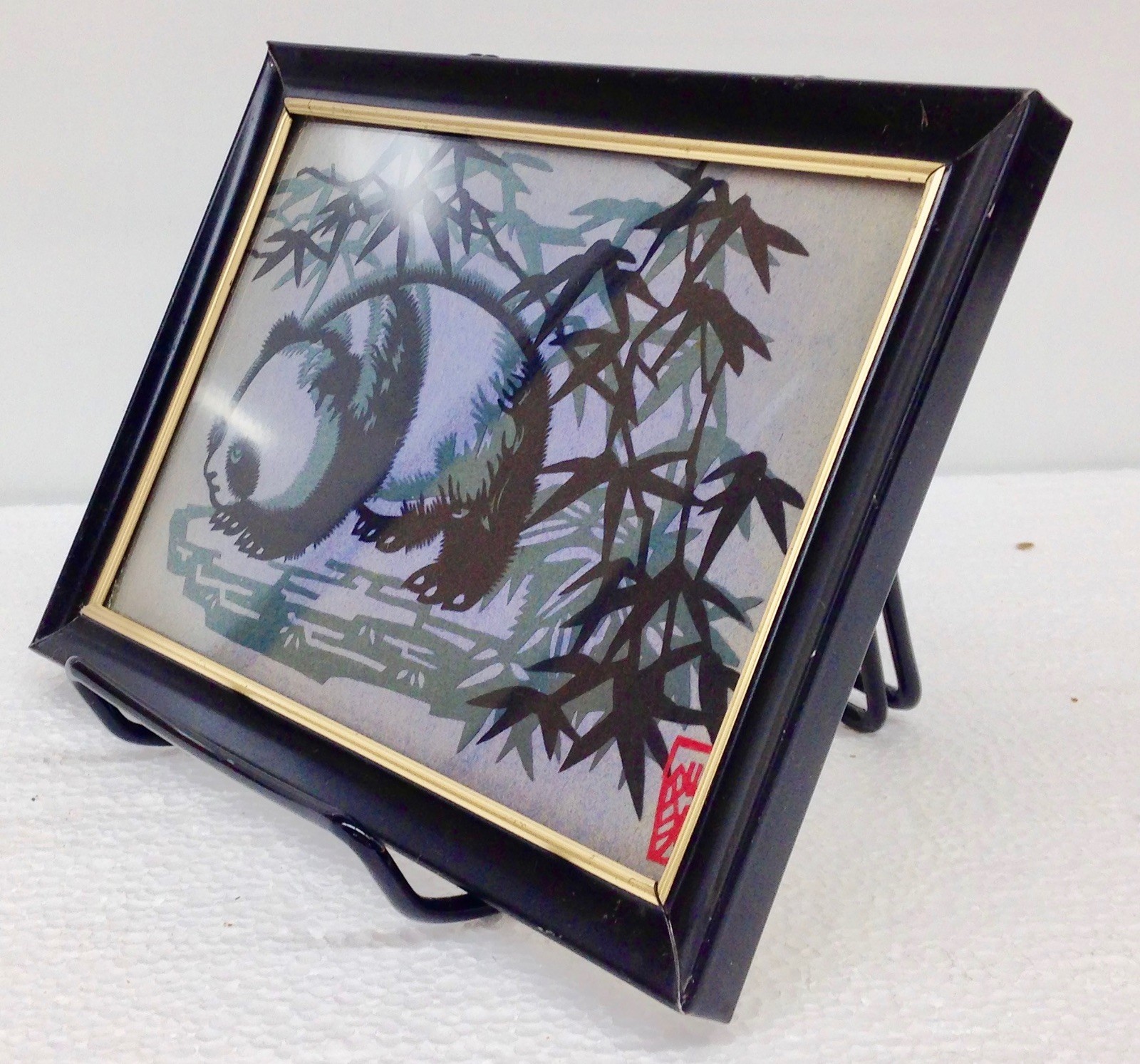 Vtg Set of TWO (2) Jianzhi Paper Cutting Art Chinese Paper Pandas – Framed 4×6″