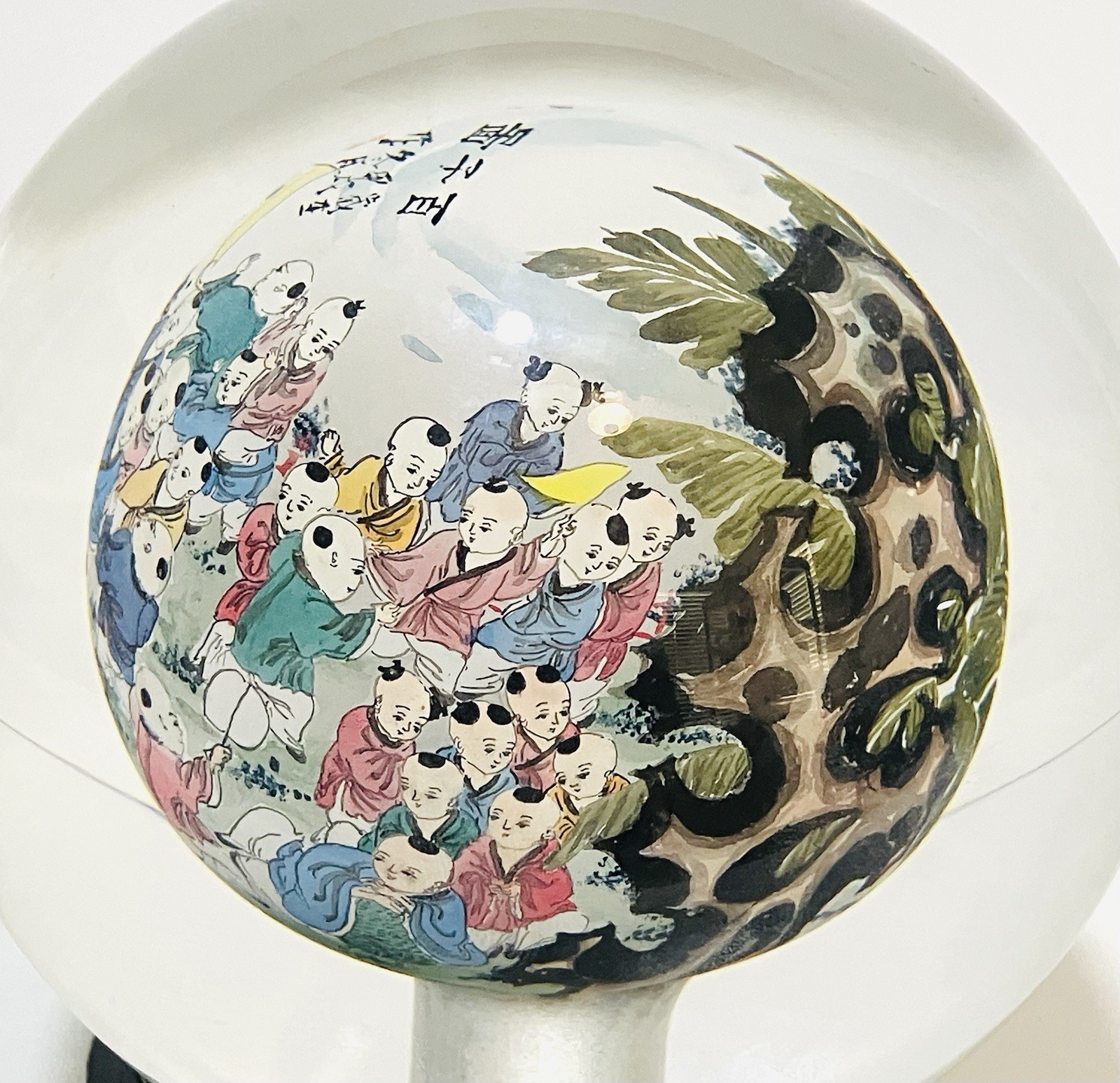 Chinese Reverse Hand Painted Glass Ball Wood Base Hundred Children Playing Motif