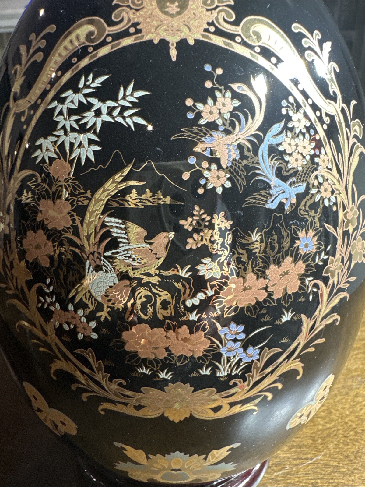 Vintage Large Satsuma Chinese Porcelain Egg Black Gold Moriage Bird Floral 9.5″