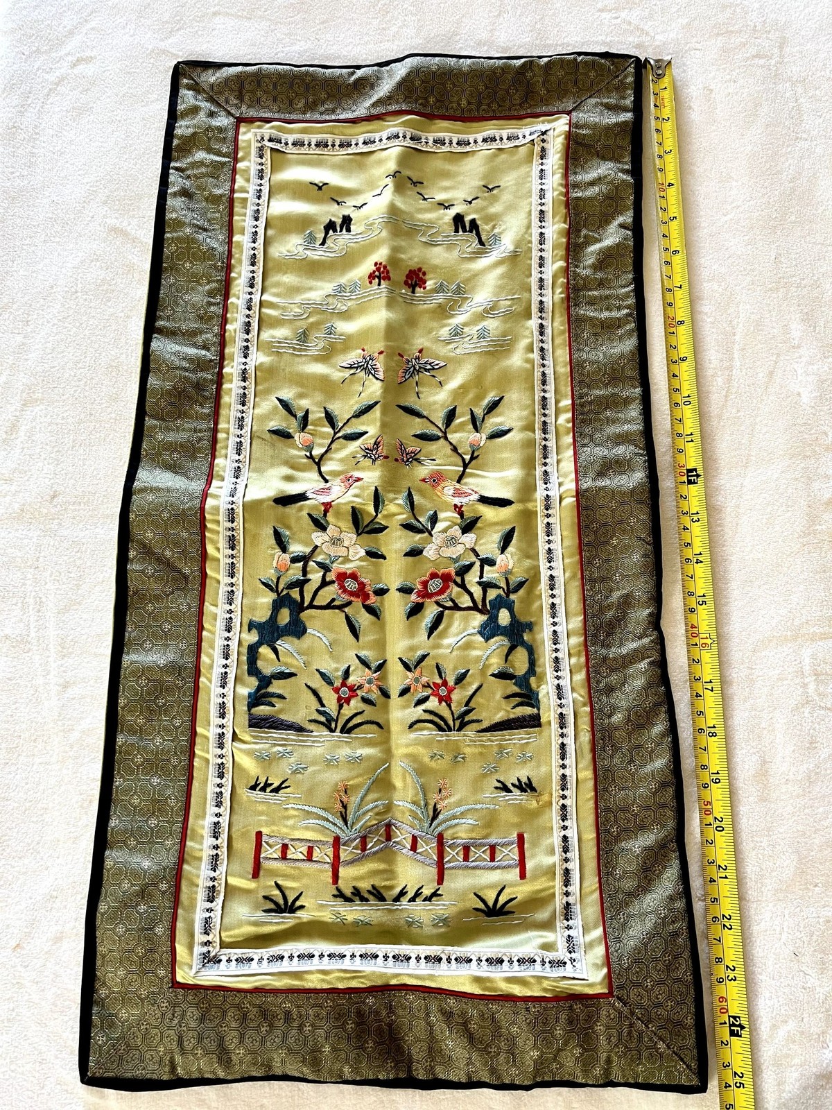 19th Century Chinese Chinoiserie Silk Hand Embroidered Panel 36 x 13