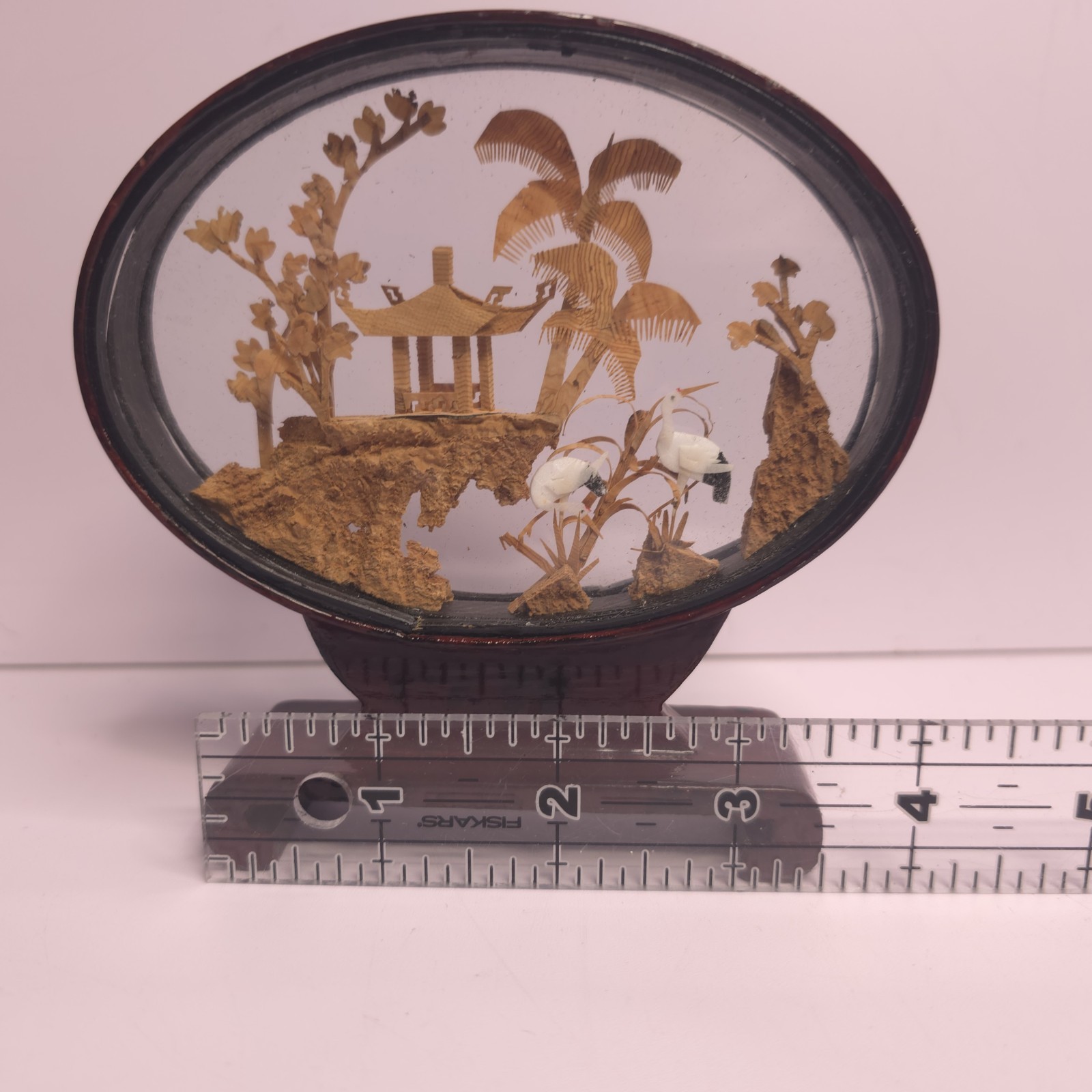 VINTAGE CHINESE DIORAMA CORK CARVING GLASS CASE PAGODA TREES & CRANES.