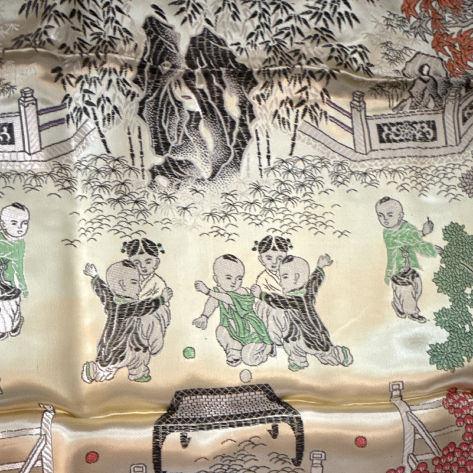 Large Vintage 1970s Chinese Silk Brocade Tablecloth – 58″ x 78″ – Unused NOS