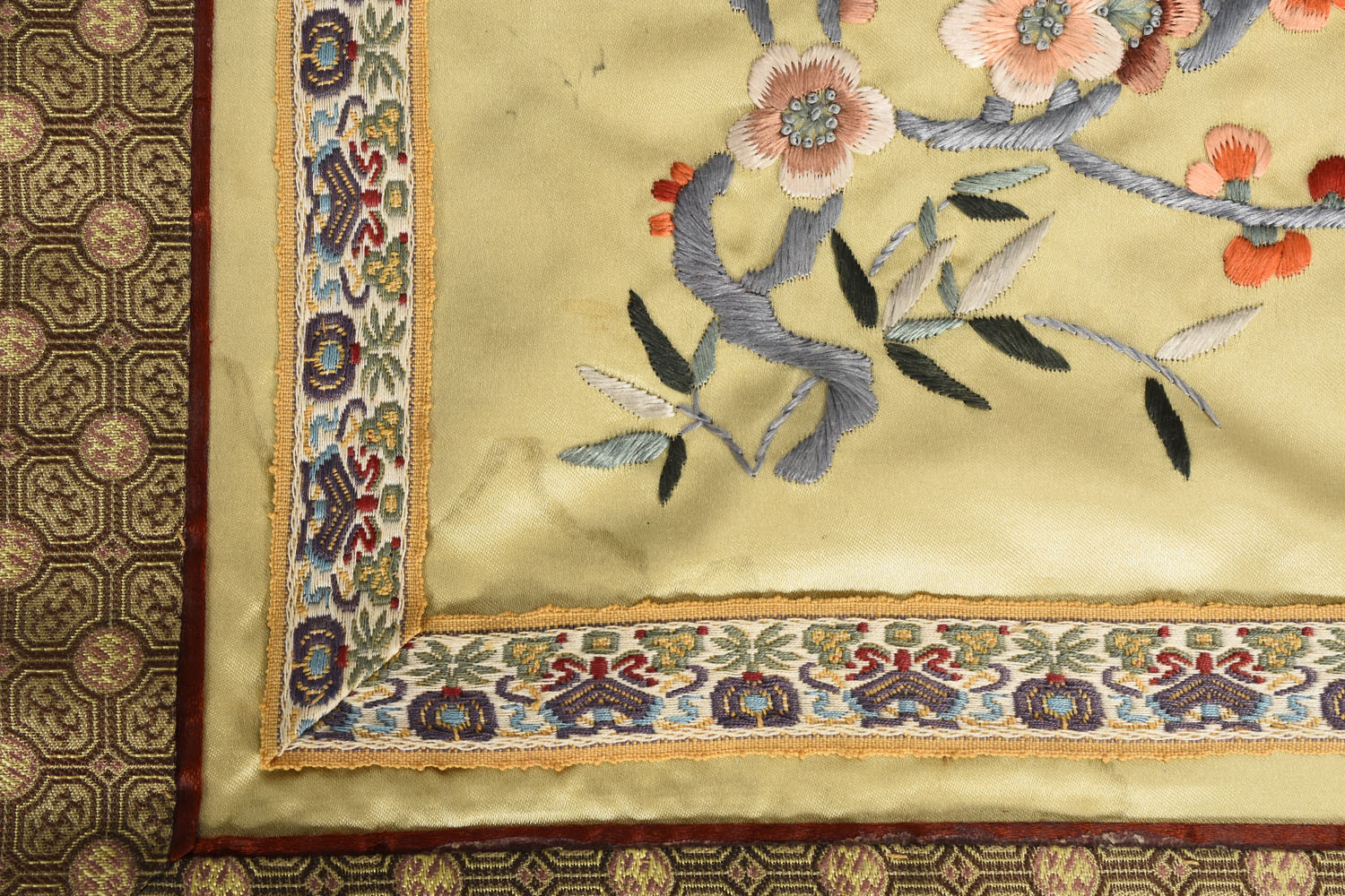 2 Old Chinese Floral Embroidered Silk Pieces w Brocade Borders 17×10 &10×11
