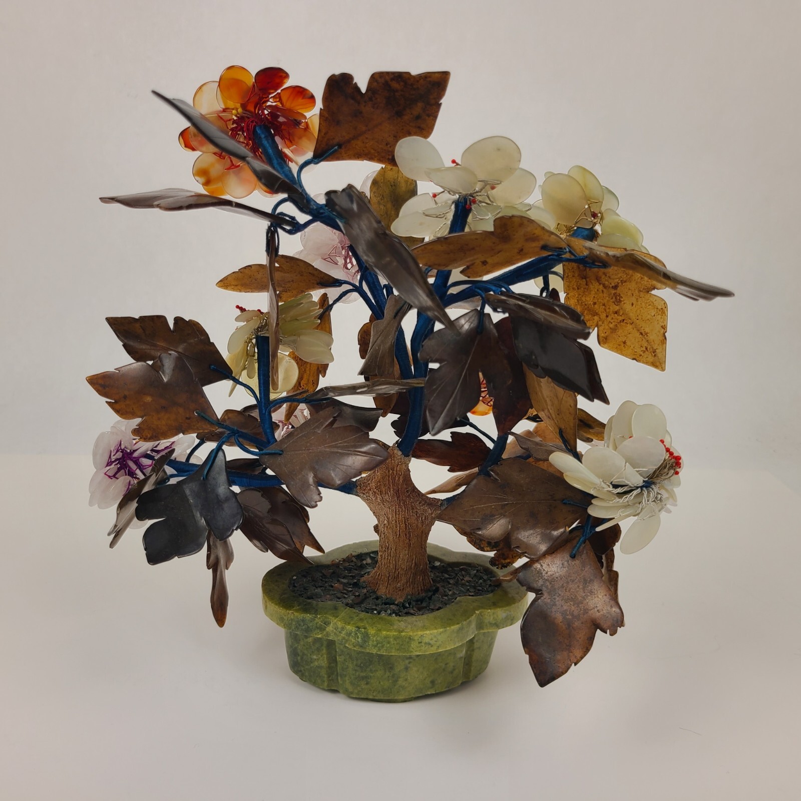 Vtg MCM Carved Agate Jade Quartz Bonsai Tree Flower Blossom Plant 11″ Tall Asian