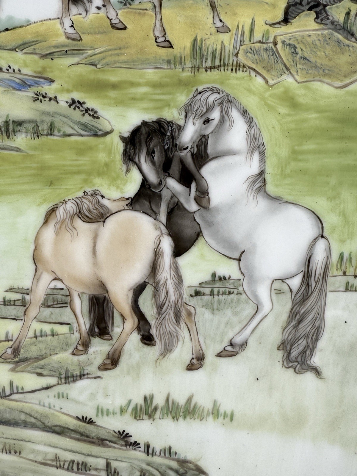 Chinese Hand Painted Porcelain Plaque Eight Horses Framed Wall Art Vintage