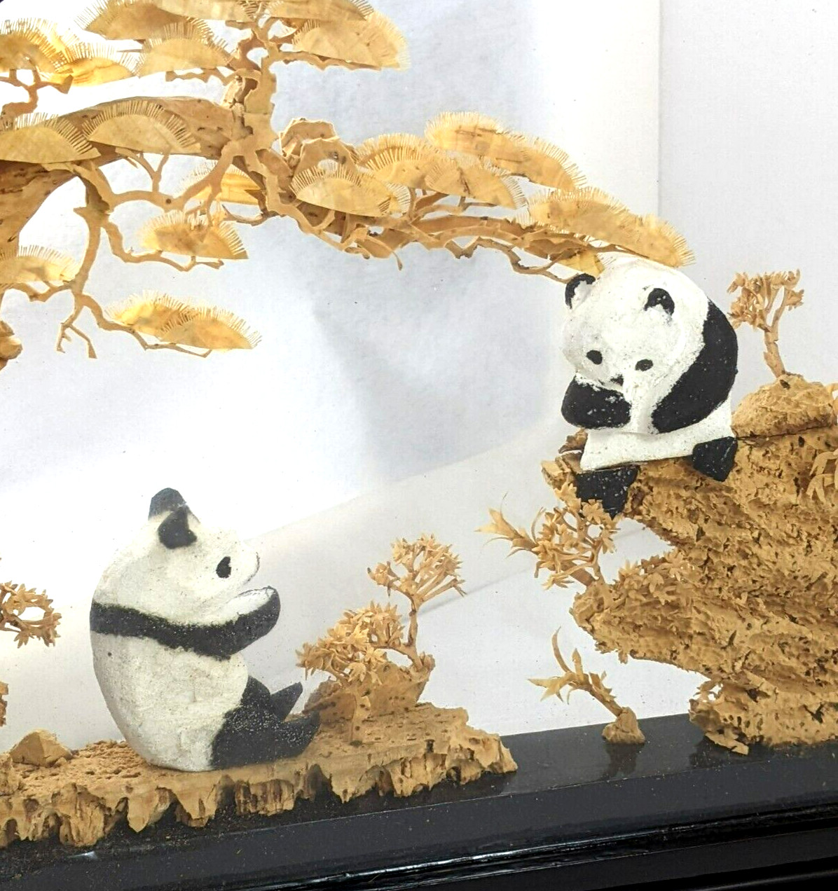 Chinese Oval Diorama Panda Bears Hand Carved Cork Trees Scene Lacquered Frame