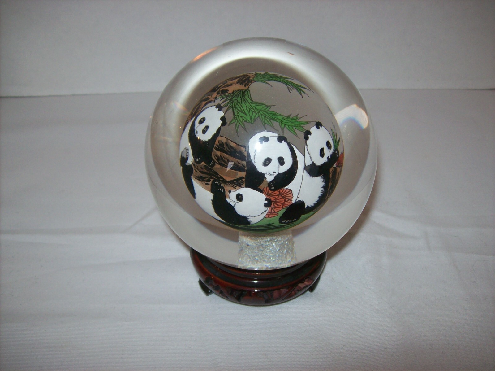 Asian Panda Bears Reverse Hand Painted Solid Glass Ball-Orb-Sphere-Globe w/Stand