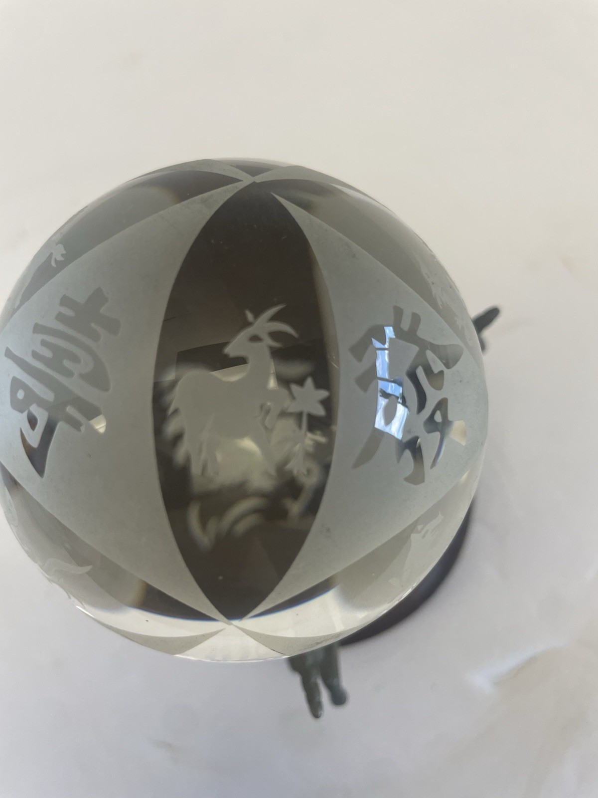 Chinese Zodiac New Year Etched Crystal Ball W Vintage Brass Unicorn Stand
