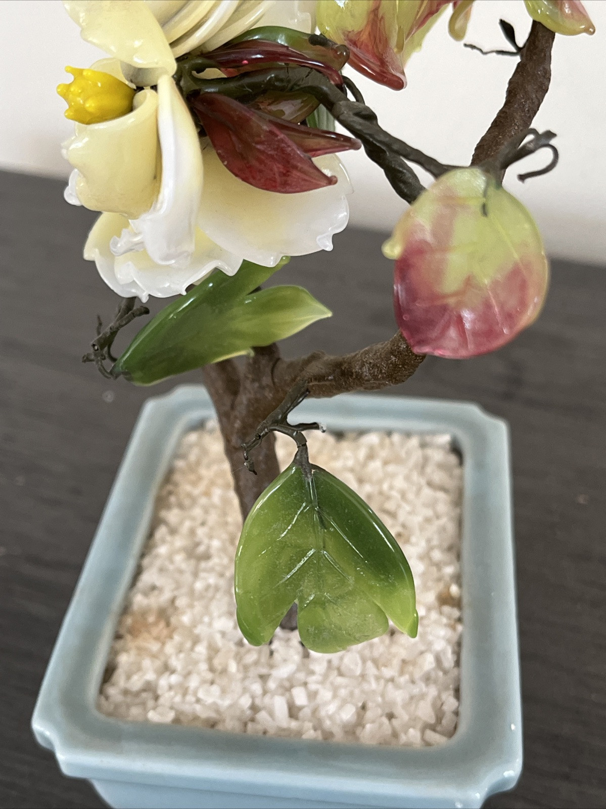Vintage CHINESE JADE GLASS BONSAI TREE 7″ Damaged CELADON POT Made In Japan