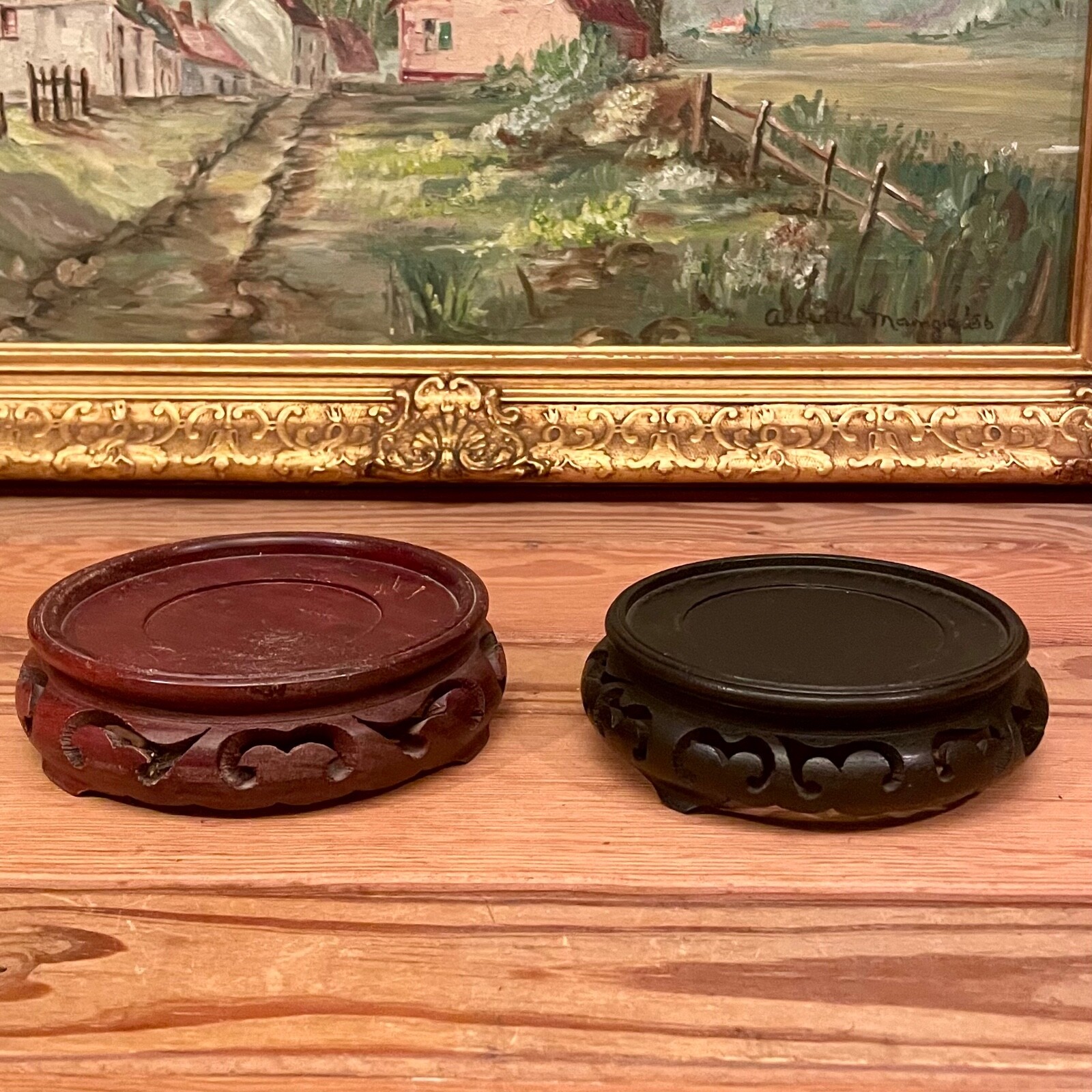 Lot Of 2 Large Chinese Wooden Stands Inside 1 @ 3.75″ – 1 @ 4″