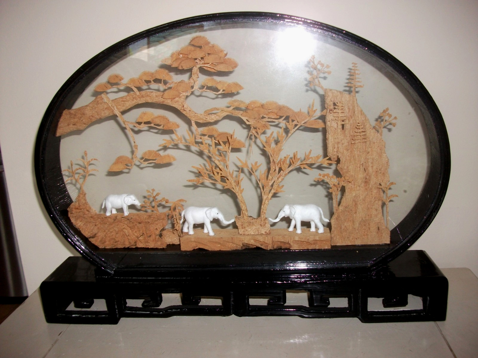 Vintage Chinese Cork Carving Diorama W/ Elephants Lacquered Shadowbox 20″ long