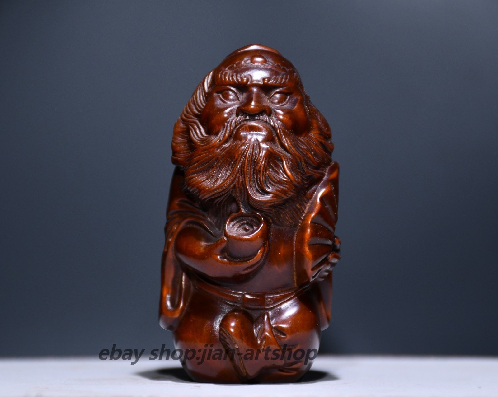 3.4″ China Box-wood Carving Zhong Kui Avert Evil Spirits Demon Queller Statue