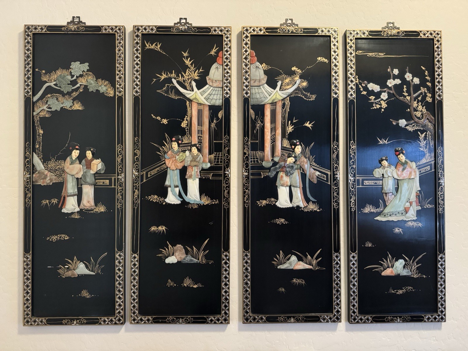 SET OF 4 1950s Vintage Chinese Black Lacquer Mother of Pearl Wall Panels 12×36
