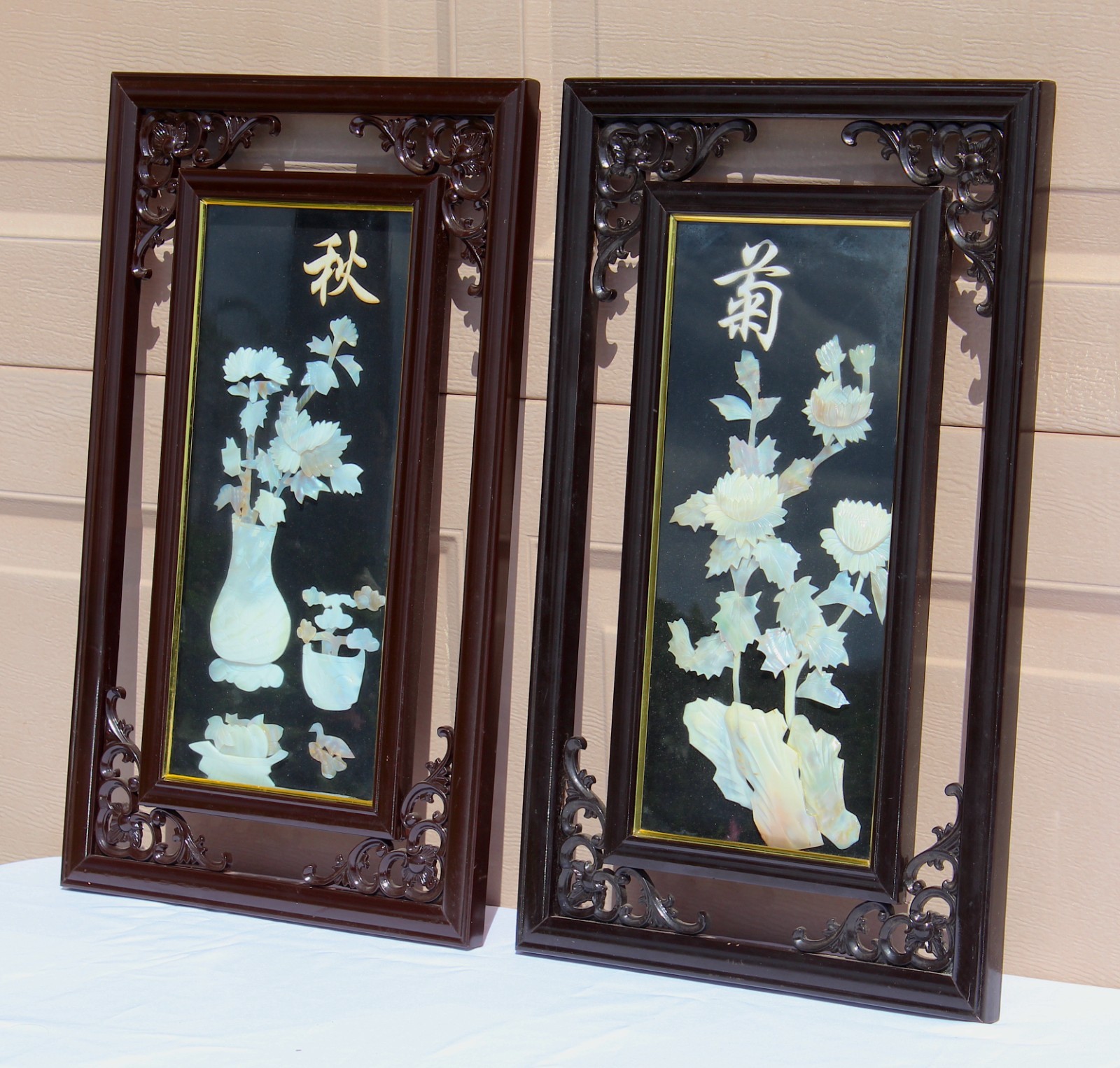 Vintage Chinese Mother-of-Pearl Inlay Chrysanthemum Wall Panels – Ornate Carved
