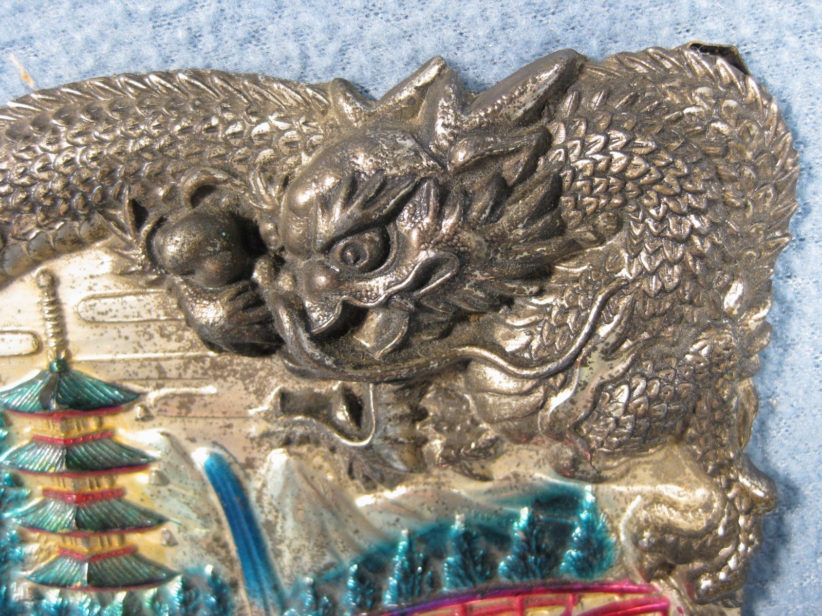 Vintage Chinese Wall Art Jewelry Box Lid with Dragon’s Antique 7″L X 4 1/2″