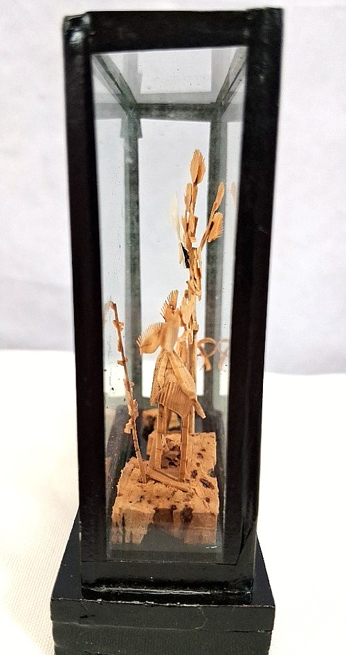 2 Chinese Scene 3D Hand Carved Cork Dioramas Black Lacqured Wood & Glass Cases