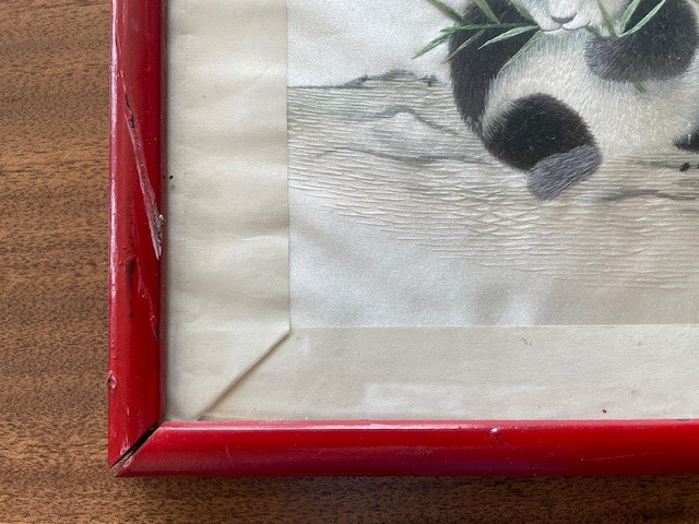 Vintage Chinese Art Silk Hand Embroidered PANDA Framed Signed