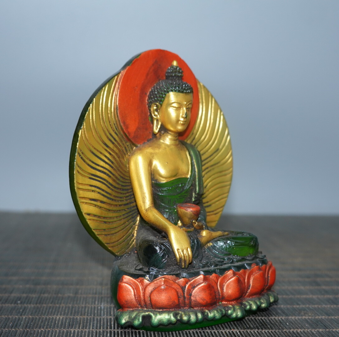 5″ Collect China Coloured Glaze Paintings Gilding Medicine Backlit Buddha Statue
