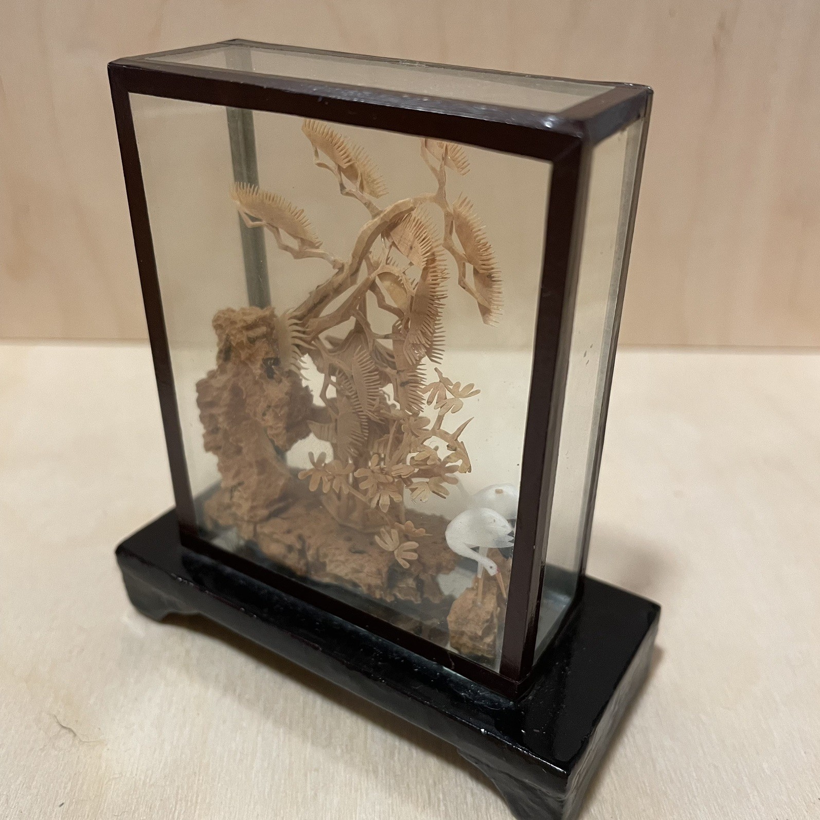 Handmade Vtg Small Chinese Carved Cork Diorama Pagoda with Trees Cranes 3.5″