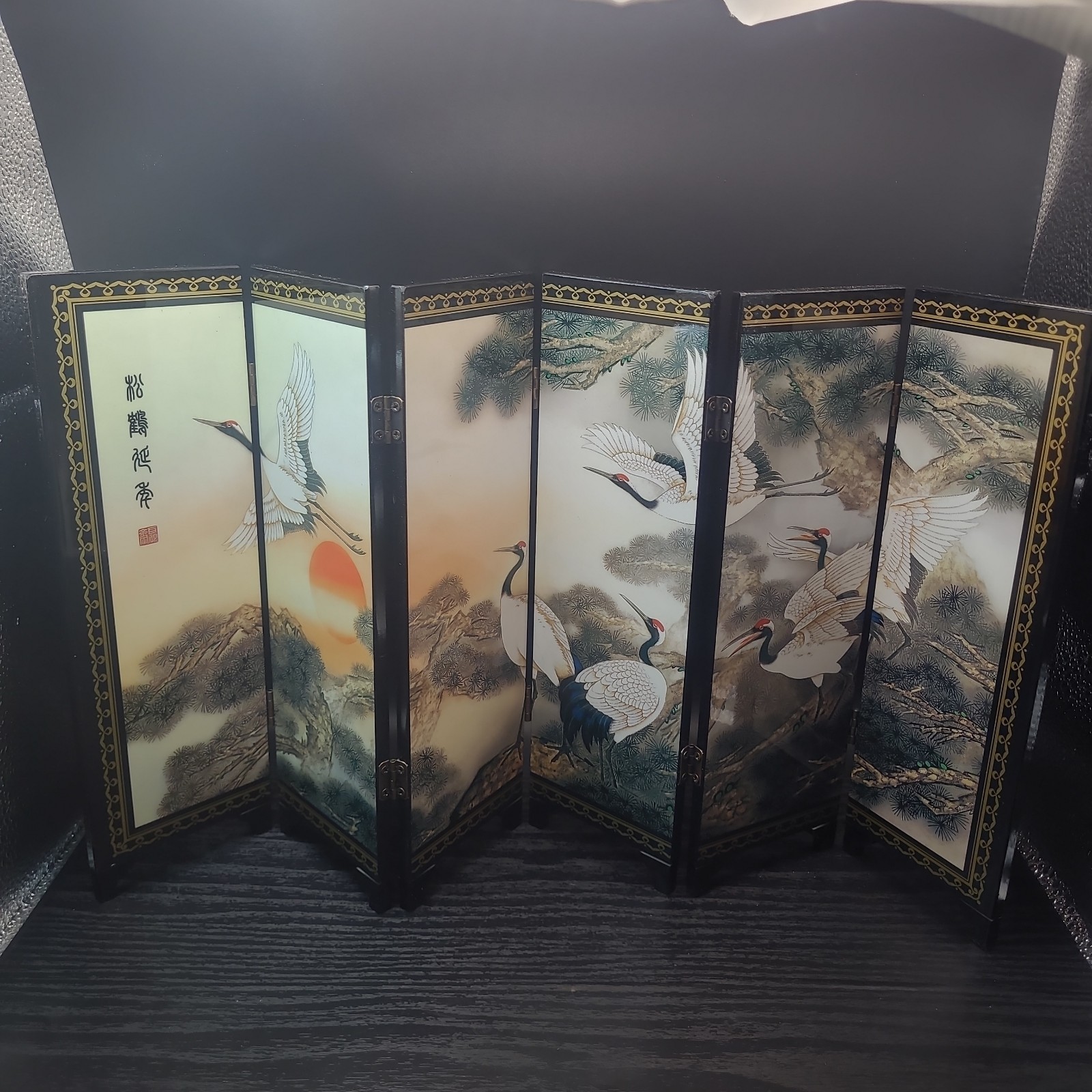 NEW Cranes And Pine Black Lacquer Small Panel Imitation Screen 18.6 In.