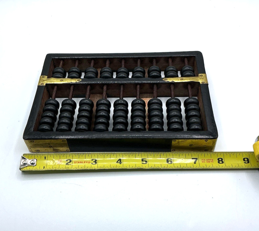 Vintage Wood Wang Hing Abacus Black w/ Brass Accents Hong Kong 9 Rods 63 Beads
